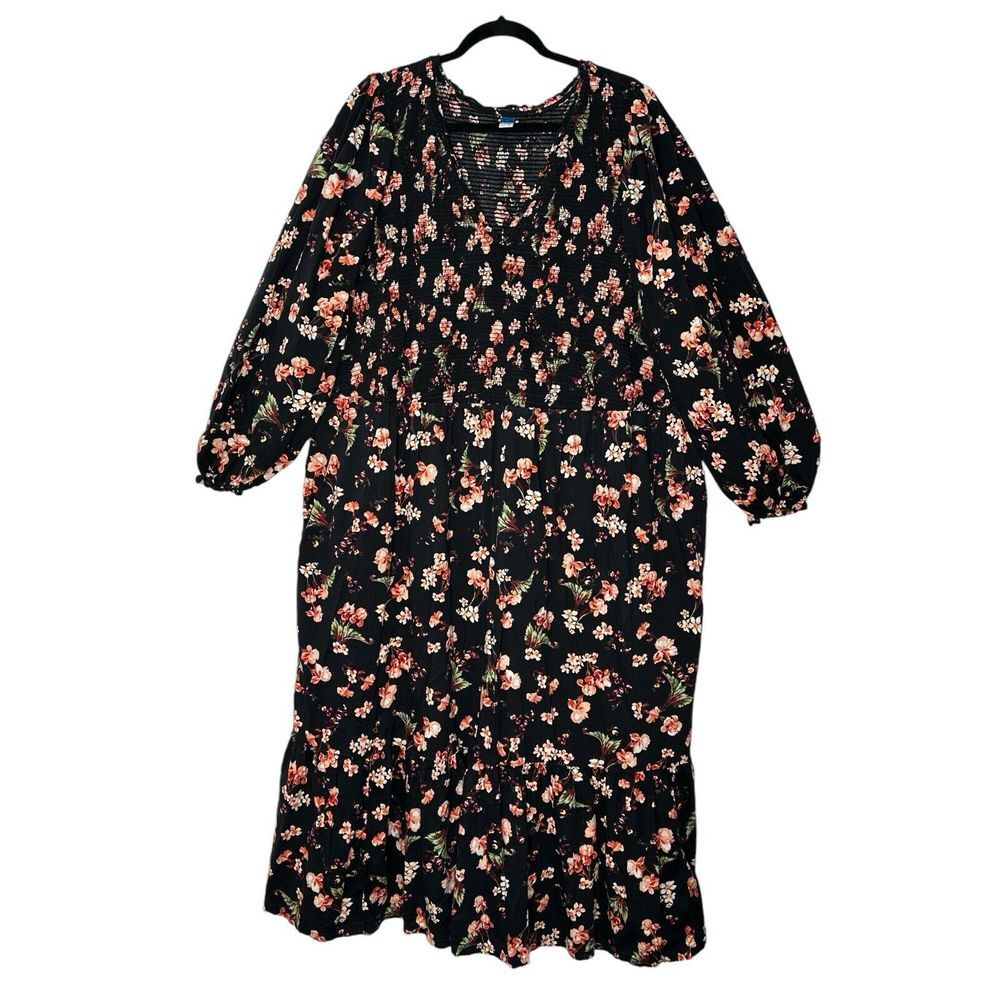 Old Navy Dress Womens Size 4X Black Flower‎ Maxi Boho Bohemian Fall Long Sleeve